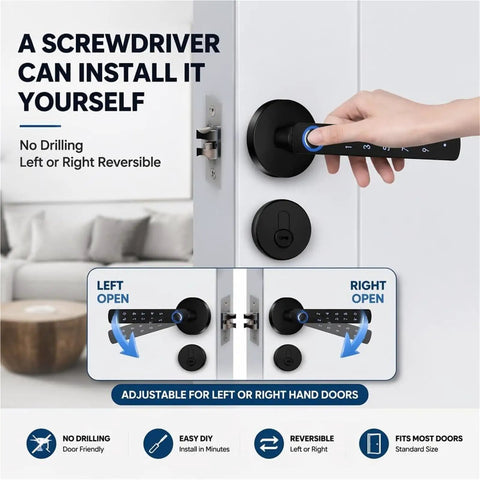Rock Solid 5 In 1 Fingerprint Smart Lock With Keyless Deadbolt Setup showcasing installation steps for left and right hand doors.