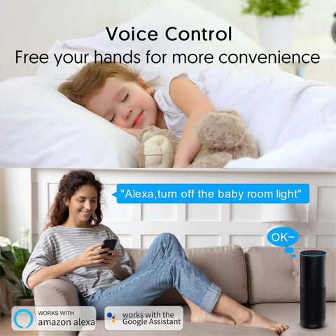 Smart 2 Gang WiFi Light Switch With Alexa Google Assistant And IFTTT Remote Control And Scheduling Works As Single Pole Neutral Wire Required Easy Do It Yourself Smart Home Upgrade in use with Alexa voice control by woman on couch.