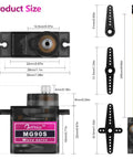 Dimension details of 9g Micro Servo Motor With Metal Gear Pack Of 2, showing measurements and parts like aluminum coreless motor.