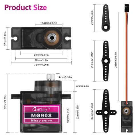 Dimension details of 9g Micro Servo Motor With Metal Gear Pack Of 2, showing measurements and parts like aluminum coreless motor.