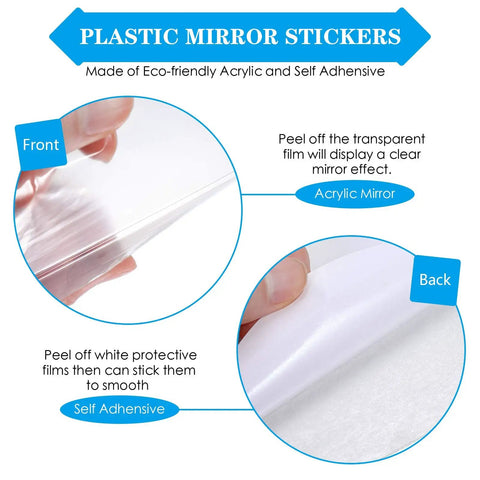 Diagram showing acrylic mirror stickers with peeling instructions for Dope 30 Piece Living Room Mirror Wall Decor Set With HOME Letter Signs And Acrylic 3D Decals, DIY Removable Silver Wall Art For Bedroom And Living Space, Includes 26 Circle Accent Stickers For Modern Home Style.