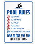 Pool Rules Sign Keeps It Real For Swimmers With Swim At Your Own Risk Note No Diving No Running No Food No Glass Durable Aluminum Sign 10x14 Inches Made In USA