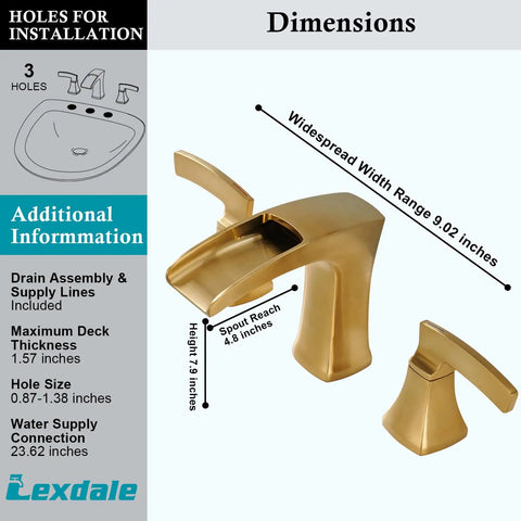 Brushed Gold Waterfall Bathroom Faucet With 3 Hole Widespread Deck Mount Pro Grade Lead Free Brass Vanity Faucet With Two Handles Pop Up Drain And Supply Hoses Included MP107BG with dimensions
