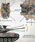1:18 RC Tank With 2.4GHz Remote Control Realistic Russian T90 Beefed Up Battle Ready Tank With Smoke Lights And Sound Turret 330 Degree Rotation Muzzle Recoil Airsoft BB Firing Volume Switch Military Toy For Adults And Kids showing turret and barrel rotation angles