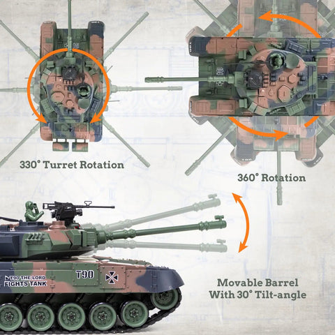 1:18 RC Tank With 2.4GHz Remote Control Realistic Russian T90 Beefed Up Battle Ready Tank With Smoke Lights And Sound Turret 330 Degree Rotation Muzzle Recoil Airsoft BB Firing Volume Switch Military Toy For Adults And Kids showing turret and barrel rotation angles