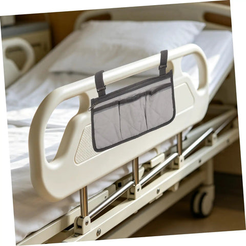 Bed Rail Organizer With Four Pockets And Cup Holder, Ultra Handy Bedside Storage Caddy on hospital bed rail, grey design