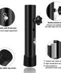 Black folding table leg extender with eye bolts, reinforcement bolts, and non-slip leg cover, shown in detail view.