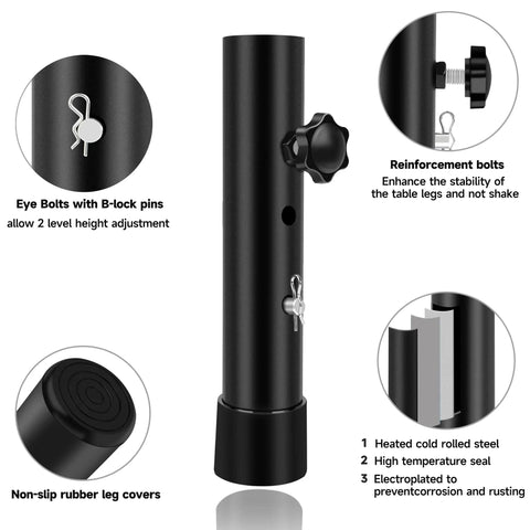Black folding table leg extender with eye bolts, reinforcement bolts, and non-slip leg cover, shown in detail view.