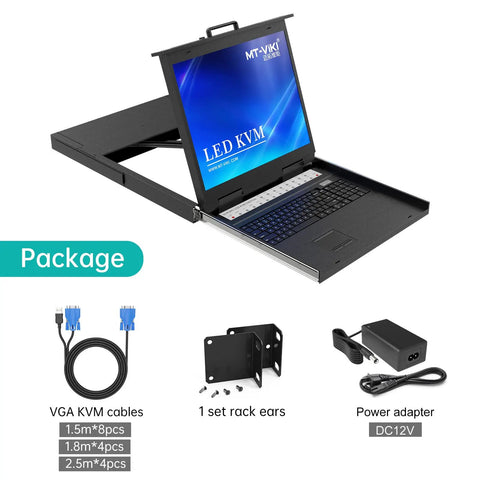 Level Up Your Data Center Game With This Top Shelf 19 Inch LCD KVM Console Packing A Snappy 16 Port VGA KVM Switch, Built In Rack Mount Keyboard, Touchpad And Crisp Screen For Rock Solid Server Management. Opened console displays keyboard and screen.