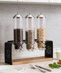 Triple Compartment Cereal Dispenser Countertop Organizer For Grains Nuts Candy And Coffee Beans Solid Wood Base Steel Lid with 12L capacity.