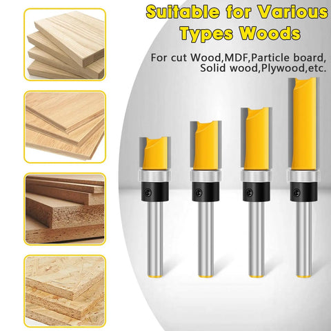 Four Piece Flush Trim Router Bit Set With One Quarter Inch Shank And Top Bearing Great For Woodworking And Home DIY Projects