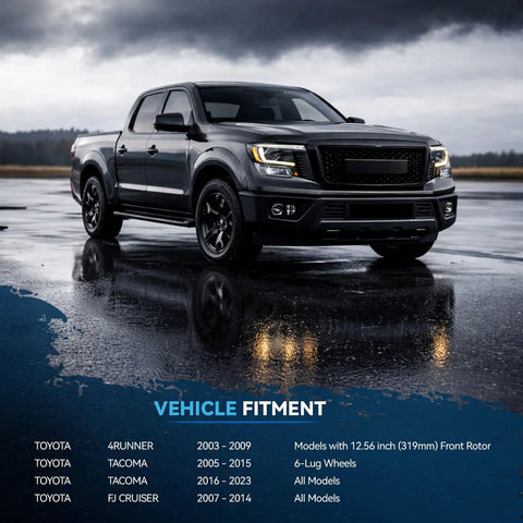 Black truck parked on wet pavement under cloudy sky, fitment chart for Front Brake Kit With Drilled And Slotted Rotors And Ceramic Pads