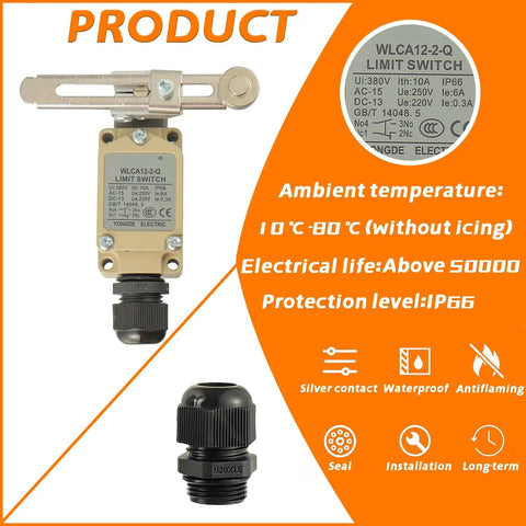 WLCA12-2-Q Adjustable Roller Lever Arm Limit Switch With 1 NO 1 NC Contact 380V 10A, IP66, industrial sensor for position monitoring