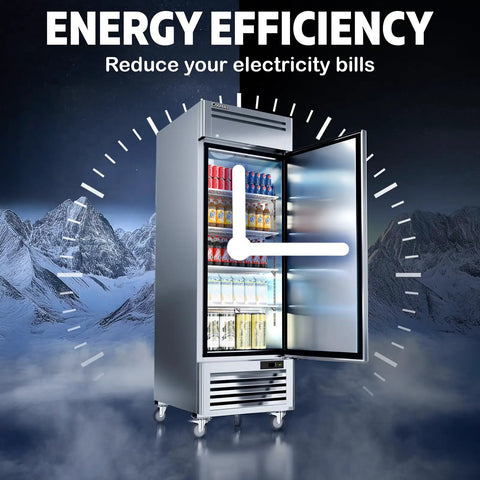 Heavy Duty Twenty Seven Inch Commercial Freezer Nineteen Point Three Two Cubic Feet Stainless Steel Reach In Upright Kitchen Cooler with open door