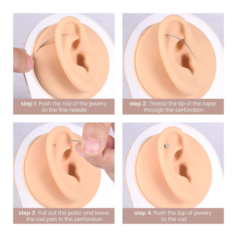 Threadless Piercing Tapers Set Go To For Changing And Insertion Tools 16G 18G 20G Titanium shown in earlobe insertion steps