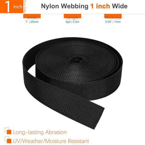 Roll of Heavy Duty 1 Inch Nylon Webbing Strap measuring 6 yards, featuring 1-inch width, black color, UV resistant, and durable.