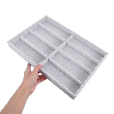 Stay Super Fresh With This Hella Soft Gray Velvet Jewelry Organizer Tray Featuring Eight Quick Grab Grids, Sleek Watch And Sunglasses Display Plate, Portable Drawer Storage - gray velvet tray held in hand