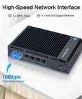 Rock Solid Fanless Router Firewall Mini Pc With Dual Sfp Fiber And Quad Lan Ports Intel N150 Cpu 8G Ddr4 128G Nvme Ssd showing ports and cooling design.