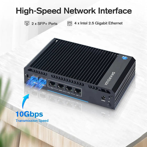 Rock Solid Fanless Router Firewall Mini Pc With Dual Sfp Fiber And Quad Lan Ports Intel N150 Cpu 8G Ddr4 128G Nvme Ssd showing ports and cooling design.