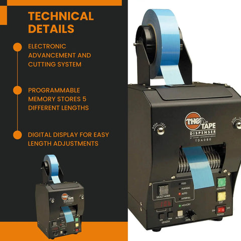 Pro Level Industrial Grade Automatic Tape Dispenser No Sweat Electronic Tape Cutter Programmable Precision Cuts Up To 394 Inches Zero Waste Steel Machine showing digital display and blue tape roll.