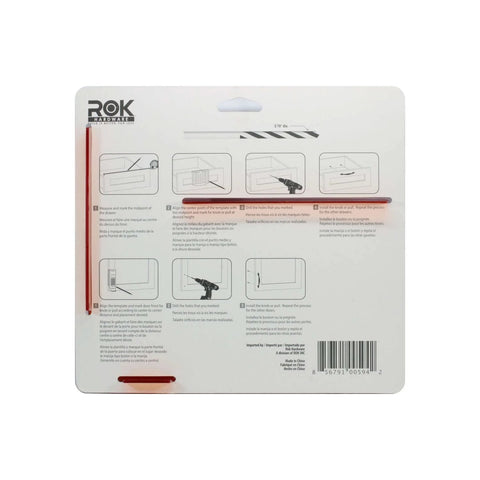 Back view of DIY Friendly No-Fuss All In One Cabinet Door And Drawer Drill Mounting Template package showing instructions.