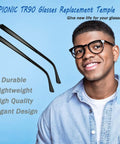 Super Slick TR90 Replacement Temple Arms For Eyeglasses, matte black, 140mm, lightweight frame legs shown with a smiling person.