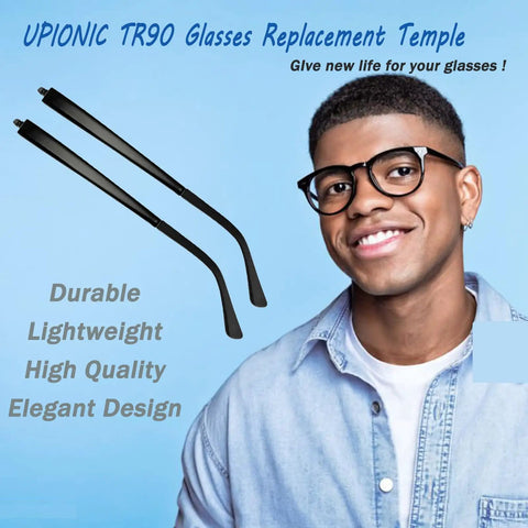 Super Slick TR90 Replacement Temple Arms For Eyeglasses, matte black, 140mm, lightweight frame legs shown with a smiling person.