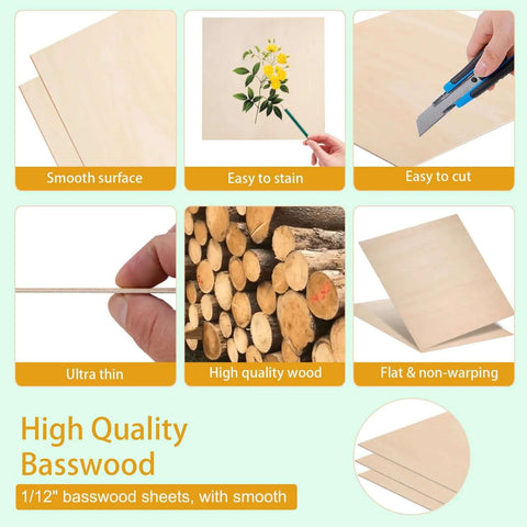Four basswood sheets, 12x12 inches, 1/12 inch thick, unfinished wood blanks for laser cutting and crafts