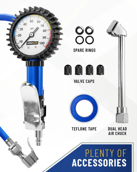 Heavy Duty Tire Inflator With Gauge And Extra Long Hose Pro Grade Air Chuck 100 PSI Range And Accurate To Two Percent