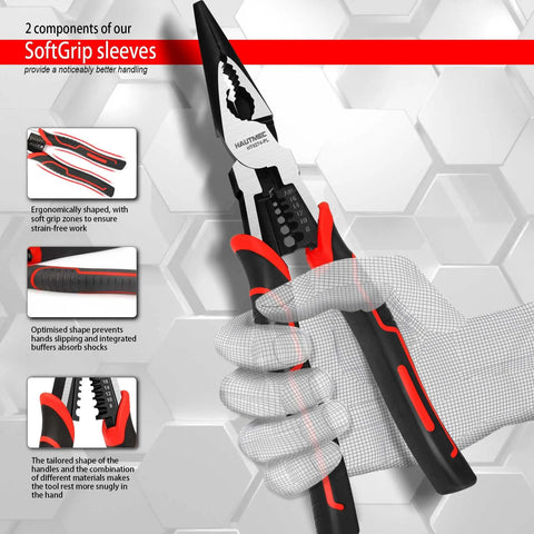 9 Inch Needle Nose Pliers With High Leverage Heavy Duty 4 In 1 Multifunction Long Nose Pliers Wire Cutter Stripper And Terminal Crimping Bi Material Soft Grips For Comfort And Precision, showing ergonomic soft grip sleeves