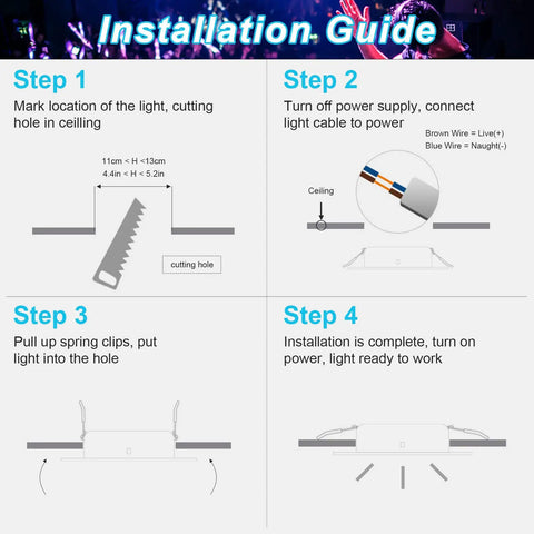 Installation guide for LED Recessed Ceiling Lights 4 To 5 Inch 10W Lit Color Changing Dimmable RGB Downlights Round Panel Spotlight