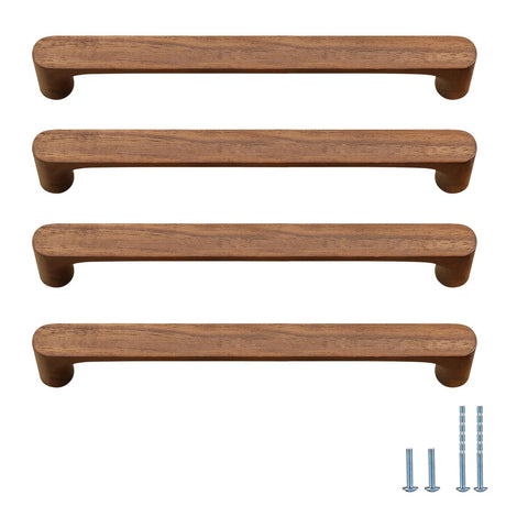 Walnut Round Wooden Drawer Pulls 5 Inch Four Pack for Cabinets and Kitchen Doors with screws shown