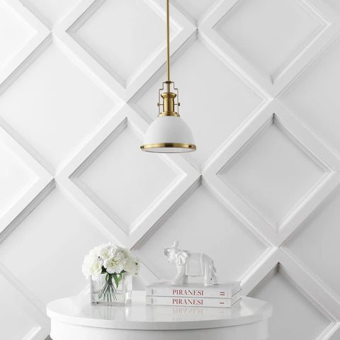 Brass Gold Modern Industrial 10 Inch Pendant Light With White Dome Shade Slick Look For Kitchen Island Or Entryway LED Bulb Included Dimmable Fits High Ceilings Hardwired hanging over white table.