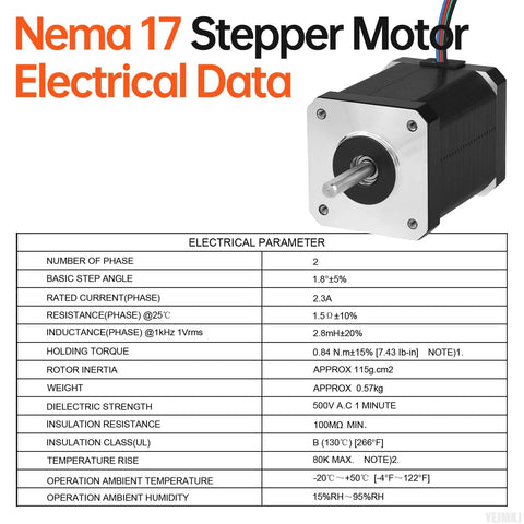 Front view of NEMA 17 bipolar stepper motor with silver square faceplate, four mounting holes, black body, and protruding shaft