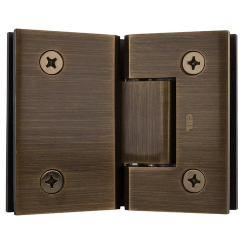 Geneva 045 Series Antique Brass Glass To Glass Hinge For Frameless Doors 135 Degree Self Centering With Reversible Five Degree Pivot Pin