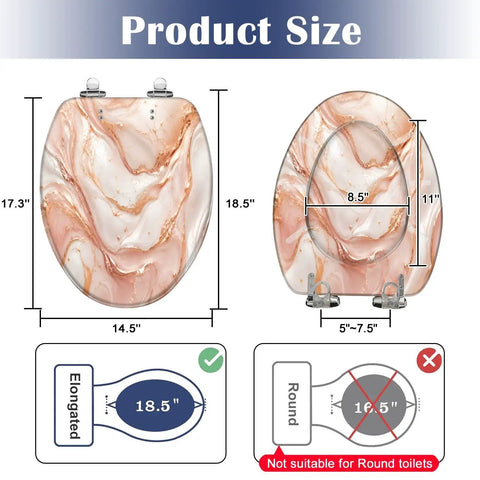 Elongated Liquid abstract marble painting print rose gold Toilet Seat dimensions 18.5 inches, suitable for elongated toilets.