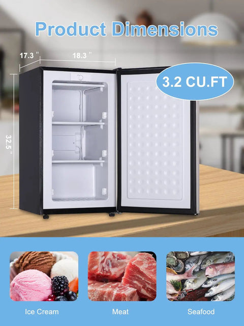 Solid 3.2 Cu Ft Upright Mini Freezer With No Stress Adjustable Thermostat And Removable Shelves For Dorm Office Kitchen Or Bedroom Smooth Chill Stash Setup In Fresh Silver - interior with product dimensions and food items.