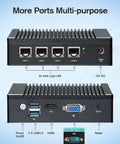 No Fuss Fanless Firewall Mini Pc Packed With Intel J3710 Chips And Four Rock Solid Gigabit Lan Ports MSATA SSD Slot And AES NI Encryption Built Right For Network Gateway showing rear and front ports.