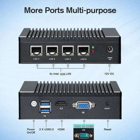 No Fuss Fanless Firewall Mini Pc Packed With Intel J3710 Chips And Four Rock Solid Gigabit Lan Ports MSATA SSD Slot And AES NI Encryption Built Right For Network Gateway showing rear and front ports.