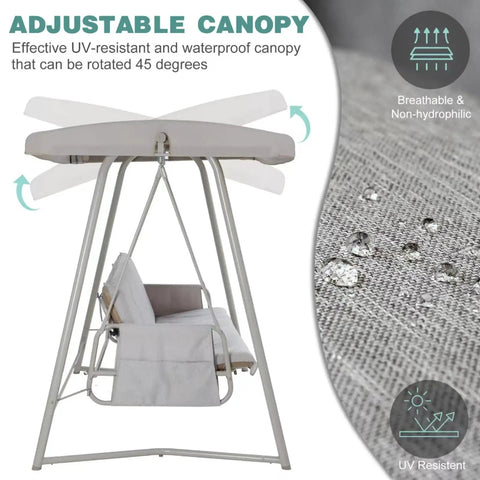 3 To 4 Person Outdoor Patio Swing With Canopy, 2 In 1 Swing Bed, Adjustable Backrest, UV-resistant waterproof canopy detail