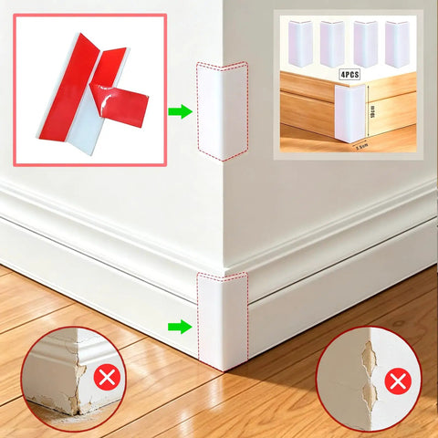 White Rubber Corner Protectors Self Adhesive Baseboard Guards protect furniture edges in a home setting with wooden floors.
