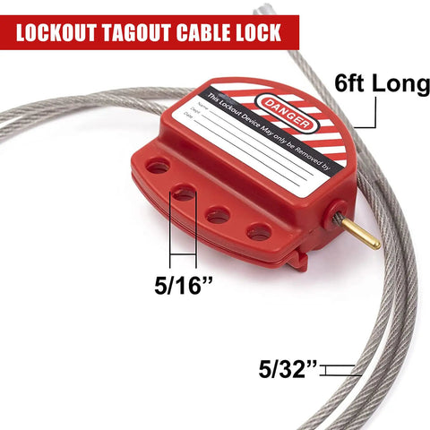 Adjustable Lockout Tagout Steel Cable With Vinyl Coated One Quarter Inch Diameter Six Foot Length Lock Out Tag Out Cable Lock Pack Of Six OSHA Compliant Built Tough For Real Jobs showing red lock and steel cable with dimensions