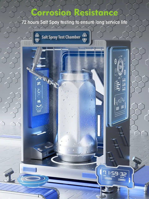 Salt spray test chamber demonstrating corrosion resistance for metal objects under 72-hour test conditions.