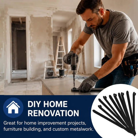 Man using Five Piece Six Inch Hole Finder Tools Kit for precise metal drilling in home renovation project, DIY focus.