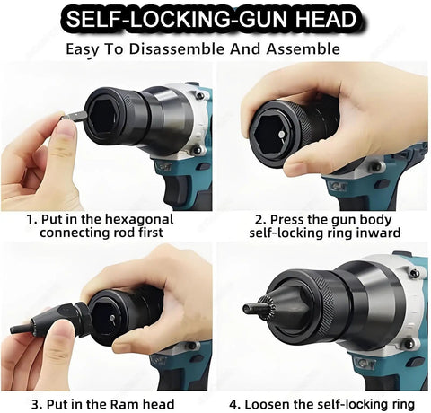 Self-locking gun head assembly for Top Tier Cordless Rivet Gun With Dual 26V Lithium Batteries And Seven Swap Out Tips.