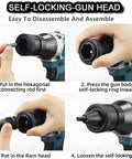 Self-locking gun head assembly instructions for Slick Cordless Rivet Gun With Dual 26V Batteries and Seven Quick Swap Tips.