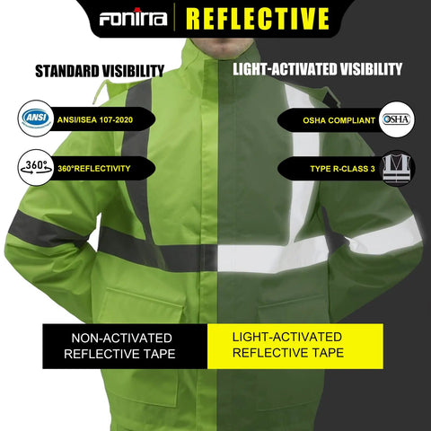 Hi Vis Rain Suit For Men Waterproof Yellow Reflective Class 3 Rain Jacket with light-activated reflective features