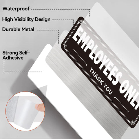4 Pack Employees Only Signs For Doors And Gates, Heavy Duty Aluminum, Weatherproof Self Adhesive No Entry Signs For Office, Warehouse And Restricted Areas, 9x3 Inches Black showing signage design and adhesive backing