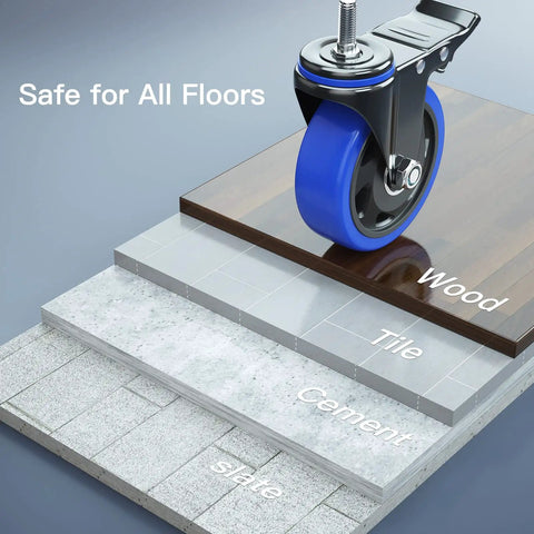 Beefy Heavy Duty 4 Inch Stem Caster Wheels With Dual Locking 2200 Lb Capacity on different floor types wood, tile, cement, slate