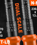 Close-up of dual scale on Half Inch Drive Click Torque Wrench Set With 10 To 170 Ft-Lb And 13.6 To 230.5 Nm Range, showing measurements.